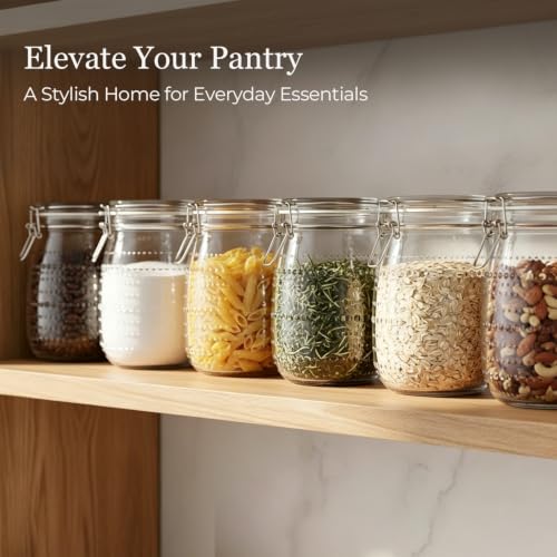 ComSaf Glass Pantry Jars with Airtight Lids 34 oz 6 Pack Wide Mouth Hobnail | Coffee beans sugar, Snacks pasta, Pickling fermenting, Pantry organization, Clear body, Countertop storage, Dry goods - size: 34 fl oz/6pcs