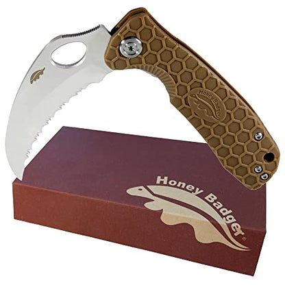 Honey Badger Pocket Knife, EDC Claw Hawkbill Folding Utility Knife, EDC Knife with Stainless Steel Blade, Claw Pocket Knives, Reversible Pocket Clip - 3.4" (Claw Serrated Large Tan) - color: Large Claw Serrated Tan