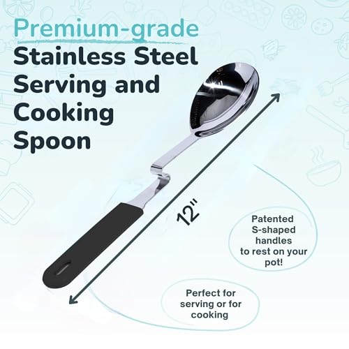 Souper Cubes + Lori Greiner No Mess Stainless Steel Cooking Spoon with Silicone Handle - Stainless Steel Serving Spoon No Mess Design Hooks on Side of Any Pot - Charcoal - color: Charcoal, size: Spoon 1-Pack