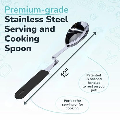 Souper Cubes + Lori Greiner No Mess Stainless Steel Cooking Spoon with Silicone Handle - Stainless Steel Serving Spoon No Mess Design Hooks on Side of Any Pot - Charcoal - color: Charcoal, size: Spoon 1-Pack