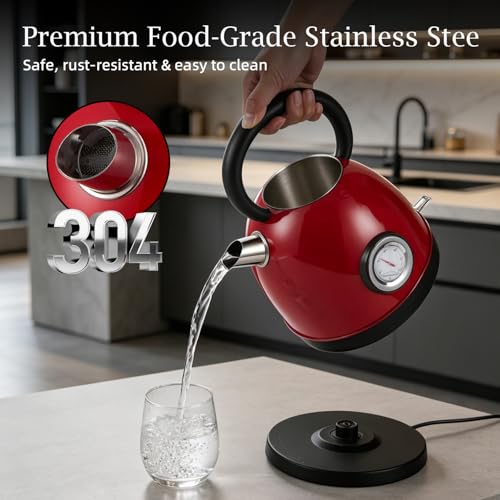 1.7L(57oz) Retro Electric Water Kettle, 1500W 304 Stainless Steel Temperature Control Tea Pot, Cordless LED, Built-in Thermometer, Auto Shut-Off & Boil Dry Protection - color: Red