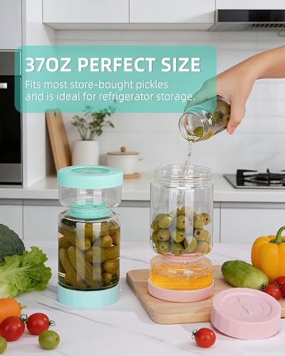 ZENS Pickle Jar with Strainer Flip, 37 oz Hourglass Pickle Juice Separator Container, Airtight Leakproof Lid, Dual Wet-Dry Design, Time Tracker Lid – 2 Pack Olive & Kimchi Jars - color: 01-Pink&Blue, size: 37oz 2pcs