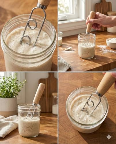 Sourdough Starter Stirring Hook and Danish Dough Whisk | Small Size to Fit in Jars | Improve the Mixing Standard Of Your Starter For Better Baking Results | New England Sourdough Starter Co. - size: 8 inches