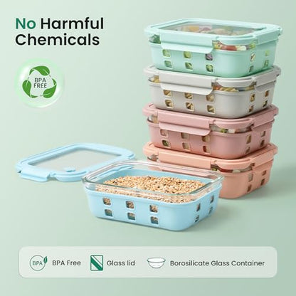 GENICOOK Glass Meal Prep Containers 5 Pack, 4.4 Cup Airtight Leakproof Lids, Borosilicate Glass Food Storage Containers, Microwave Oven Freezer Safe, BPA Free Lunch Containers - color: Bright color