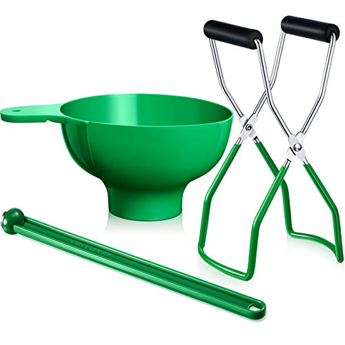 Canning Funnel Jar Lifter Magnetic Lid Wand for Mason Jars, 3 Pcs, Green | Wide Mouth Fit, Anti-Scald Grip, Lid Retrieval Wand, Canning Kit for Jam Jelly Preserves, BPA-Free Safe