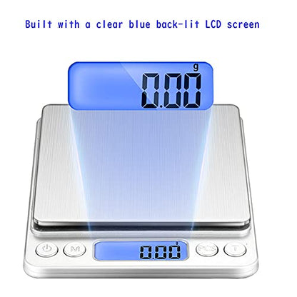 Small Digital Scale,3kg/0.1g,6.6lb,Kitchen Scale,Food Scale,with Blue Backlit LCD Display, 6 Units, Auto Off, Tare, PCS Function, Stainless Steel, Battery Included