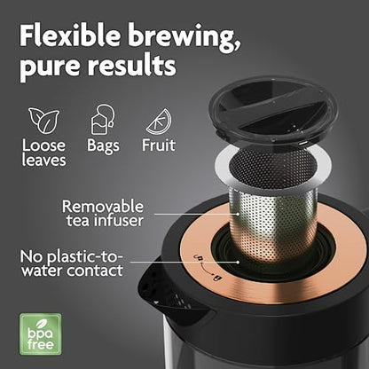 Viante Alba Electric Tea Kettle With Infuser, No Plastic, 1.5L, Black | Borosilicate glass & 304 stainless steel construction. 4 temp presets, keep-warm, cordless, auto shut-off - style: Black