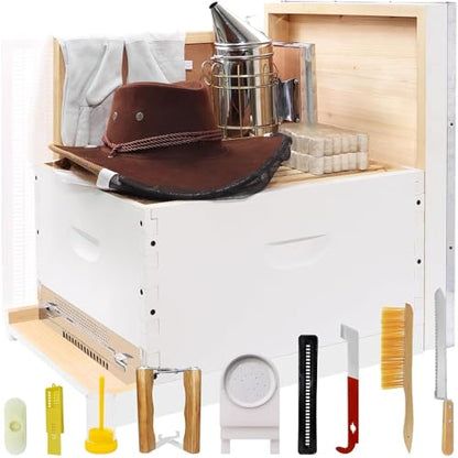 Bee Hives and Supplies Starter Kit Hand Painted 8 Frame Beehive Starter Kit All Beginners Kit Includes Beekeeping Supplies Tool Set and Cowboy Beekeeper Hat with Veil