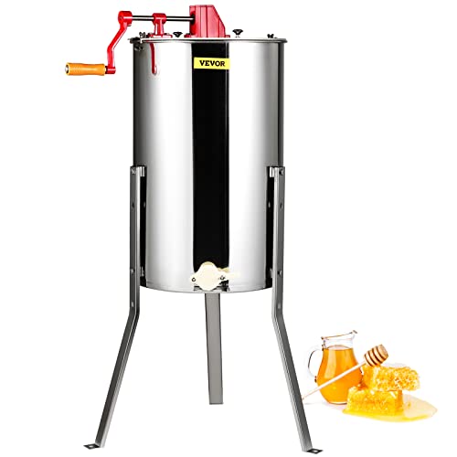 VEVOR 3 Frame Honey Extractor, Stainless Steel Manual Beekeeping Extraction, Honeycomb Drum Spinner with Transparent Lid, Apiary Centrifuge Equipment with Height Adjustable Stand - style: 3 Frame