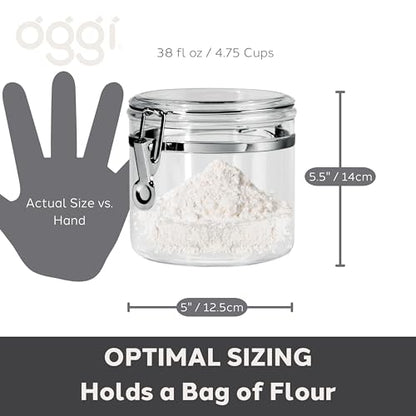 Oggi Clear Canister with Clamp Lid, 38 oz - Large Airtight Food Storage Container, for Kitchen & Pantry Storage of Bulk, Dry Foods Including Pasta, Flour, Sugar, Coffee, Rice, Tea, Spices & Herbs