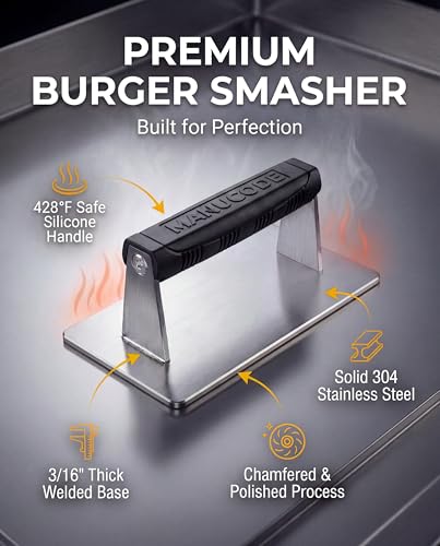 Stainless Steel Burger Smasher 2.50 LB 8x4.25 Inch Steak Weight for Smash Burgers, Bacon, Sandwiches | Dishwasher Safe, Preheatable Protein Press with Silicone Handle | Commercial BBQ Tool - size: 8 x 4.25"