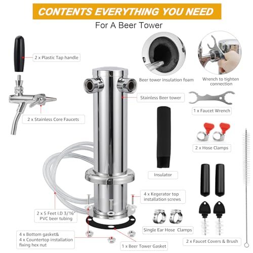 FERRODAY Upgraded Long Shank Adjustable Faucet Kegerator Tower Dual Faucet Beer Tower Double Tap Beer Tower Dispenser Beer Tap Kegerator Parts Pre-assembled Lines 3" Keg Tower Beer Keg Tap - size: Adjustable Dual Tap-Brass Faucet