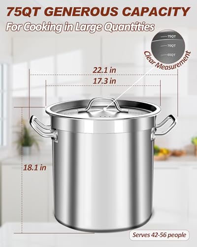 75 Quart Stainless Steel Stock Pot with Lid – Extra Large Commercial Cooking Pot for Soup, Stew, Seafood – Heavy Duty, Induction Ready – Perfect for Restaurants & Big Gatherings - size: 75 QT
