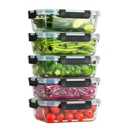 5-Piece Set, 36 oz Glass Meal Prep Containers with Snap-Lock Lids, Airtight Lunch Containers, Microwave, Oven, Refrigerator & Dishwasher Safe,Black - color: Black, size: 5pack-36oz-Black