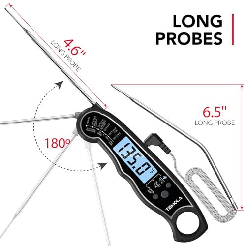 TEMOLA Meat Thermometer, Instant Read Food Thermometer for Cooking, Digital Food Thermometer with LCD Backlight for Candy Fry Grill BBQ Liquids, Kitchen Oven Safe Dual Probe 2 in 1 Thermometer - color: BK-Blue Light