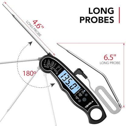 TEMOLA Meat Thermometer, Instant Read Food Thermometer for Cooking, Digital Food Thermometer with LCD Backlight for Candy Fry Grill BBQ Liquids, Kitchen Oven Safe Dual Probe 2 in 1 Thermometer - color: BK-Blue Light