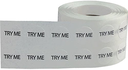 White Try Me Stickers, 1/2 Inch Round, 1000 Labels on a Roll - color: White