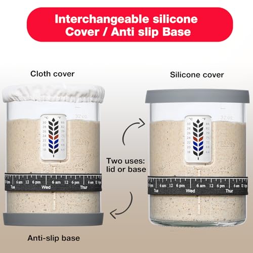 2 Pack Premium Pro Sourdough Starter Jar Kit - 40oz Large Wide Mouth Sourdough Bread Jar with Marked Feeding Band, Thermometer, Scraper, Cloth Cover & Silicone Lid/Base, Glass Container, Baking Supply
