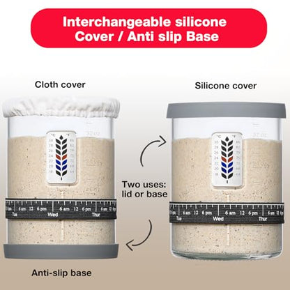 2 Pack Premium Pro Sourdough Starter Jar Kit - 40oz Large Wide Mouth Sourdough Bread Jar with Marked Feeding Band, Thermometer, Scraper, Cloth Cover & Silicone Lid/Base, Glass Container, Baking Supply