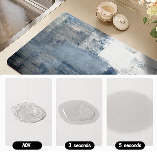 Dish Drying Mat for Kitchen Counter, Blue and White Grey Abstract Art, Absorbent Quick Dry Pad with Rubber Backing, Draining Mat Dish Rack Pad for Dishes, Utensils, Countertops, Sinks 12" x 20 - color: Blue and White Grey