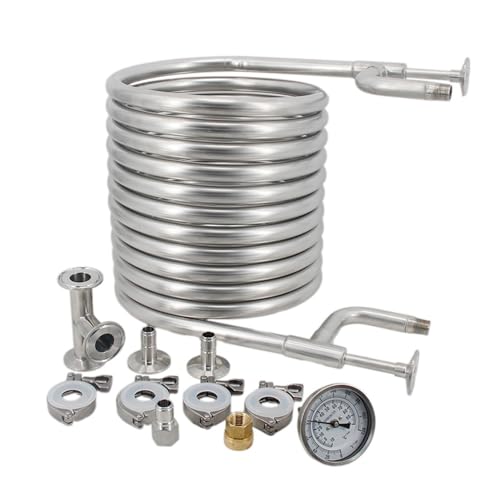 Stainless Steel 304 1Pcs Immersion Wort Chiller,Convoluted Counterflow Wort Chiller Package Male Quick Disconnects with Inline Thermometer