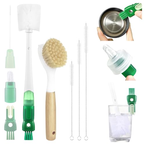 XYFuuee 5 Pack Dish Bottle Brush Set with 5-in-1 Cup Cleaning Brush, Dish Scrub Long Handle Brush with Scraper Tip, 3 Straw Cleaner Brushes for Stanley, Washing Kitchen Sink Pot Pan Water Bottle Stove - color: Green