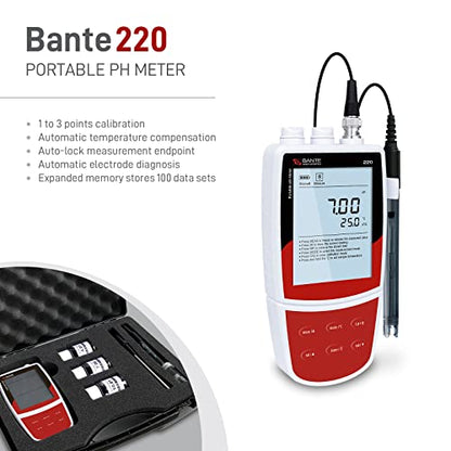Bante 220 Portable pH Meter, ±0.01 pH Accuracy, 1 to 3 Points Calibration, Automatic Temperature Compensation, Auto-Read Measurement Endpoint, 100 Sets of Data Storage