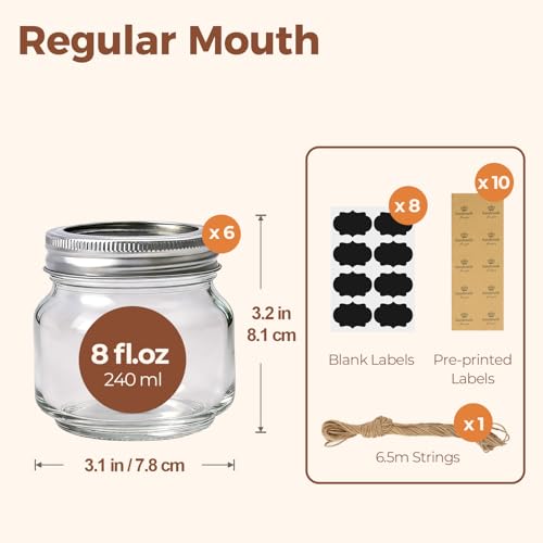 ComSaf 8 oz Square Mason Jars, 6 Pack Small Regular Mouth Jars with Lids | BPA-Free Materials, Half-Pint Portions, Small Jam, Jelly, Honey Sample, Spice Rack, DIY Candles, For Big Canning Project - size: 8oz*6 cute mason jars