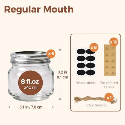 ComSaf 8 oz Square Mason Jars, 6 Pack Small Regular Mouth Jars with Lids | BPA-Free Materials, Half-Pint Portions, Small Jam, Jelly, Honey Sample, Spice Rack, DIY Candles, For Big Canning Project - size: 8oz*6 cute mason jars