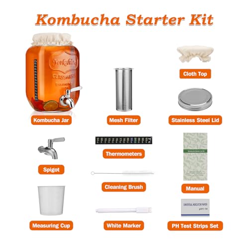1 Gallon Kombucha Starter Kit, Glass Kombucha Jar with Spigot and Stainless Steel Mesh Filter Fermentation Kit for Home Brewed Kombucha Bottles, Includes Test Strips, Measuring Cups, Cloth Top | 1 Gal kombucha kit for home fermented tea. Spigot, filter &