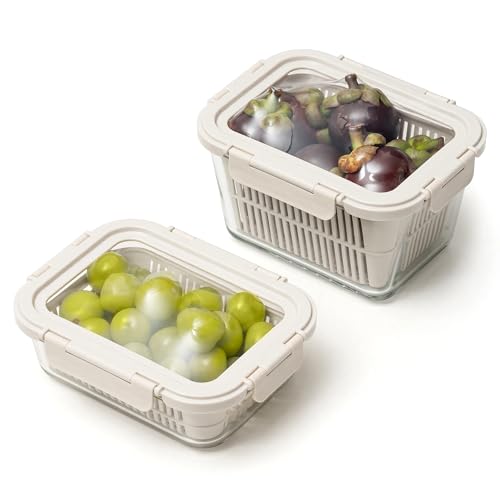 GENICOOK Glass Produce Storage Containers for Fridge, 2-Pack – Airtight Fruit & Vegetable Containers with Removable Colanders, Flexible Silicone Lids,LeakProof, BPA-Free Borosilicate Glass - color: Beige