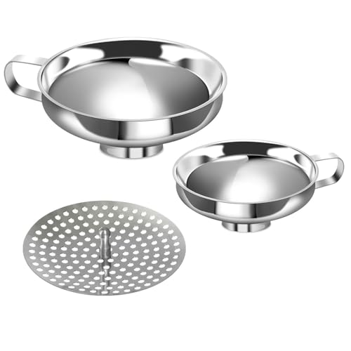 3PCS Silver 304 Food Grade Wide Mouth Preserving Jar Funnel with Filter Set Suitable for Transferring Jam Spices Grains Pulses Sugar Powdered Goods