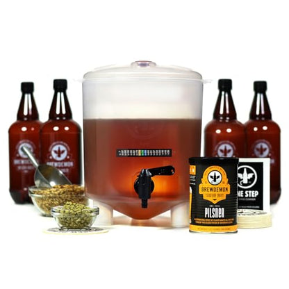 Craft Beer Making Kit Plus Bottles - Our Conical Fermenter Eliminates Sediment and Makes Bottling a Snap - 1 Gal. Recipe Included