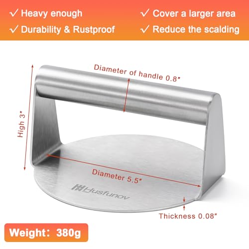 Husfunov Stainless Steel Burger Press, 5.5 Inch Round Smasher,Non-Stick Smooth Hamburger Press,Flat Bottom Without Ridges, for Cooking Burgers, Bacon, Ground Beef, Meats, Sausage and So On - size: 5.5inch-Steel Handle