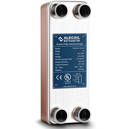 3"x8" 10 Plates Heat Exchanger with 3/4" MPT Port Water to Water 316L Stainless Steel Brazed Plate Heat Exchanger for Water Heating, Floor Heating, Commercial and Industrial Refrigeration - size: 3"X8"-10P