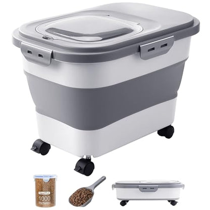 20-23 Lbs Dog Food Storage Container - Collapsible Dog Food Container with Attachable Casters and Scoop,Travel Silicone Bowl, Pet Food Storage Containers to Keep Dry Food Fresh,Easy to Move - color: Grey