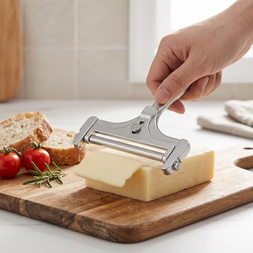 Cheese Slicer, Stainless Steel Cheese Cutter with 4 Extra Replacement Wires, Adjustable Handheld Cheese Slicers Cutters for Block Cheese Cheddar Gruyere Mozzarella, Kitchen Slicing Tools