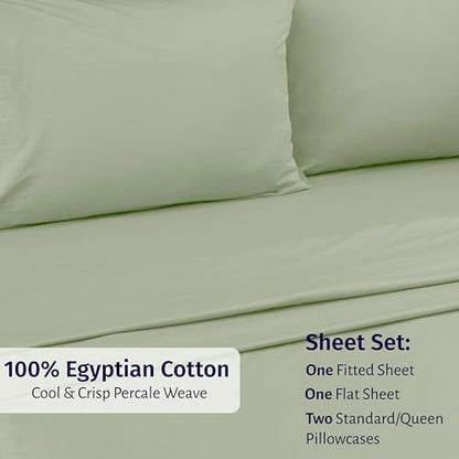 California Design Den Egyptian Percale Sheet Set Queen Size - Certified 100% Egyptian Cotton, Lightweight Percale Cotton Sheets Queen Size, Deep Pockets, Crisp, Durable Bedding Set - Pale Sage Green - color: Pale Sage Green, size: Queen