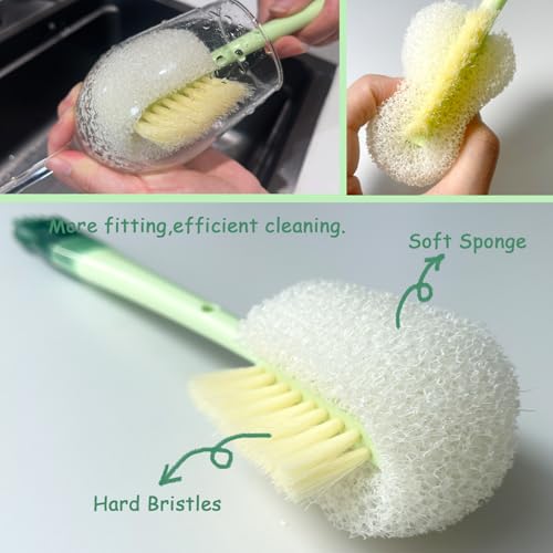 Water Bottle Brush with 5-in-1 Multi-Function, Baby Bottle Brush for Cleaning Nipple/Cup Lid Gap, Straw Bottle Cleaner, 15.1" Long Handle for Narrow Bottleneck Decanter, 3 Pack Set - color: White-green