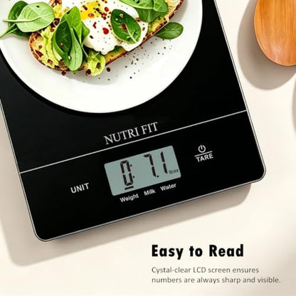 Digital Food Scale Kitchen Scales Grams and Ounces for Weight Loss Baking Cooking of NUTRI FIT, Max 11lb 1g Increment, Ultra-Thin Size and Hang to Wall - color: Tempered Glass-Black
