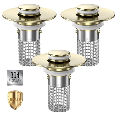 Bathroom Sink Drain Strainer,(3PCS) Pop-up Sink Drain Strainer with Removable Stainless Steel Strainer Basket Hair Catcher, Bathroom Sink Strainer for Bathroom Sink Stopper Replacement - color: 3, Brushed Gold