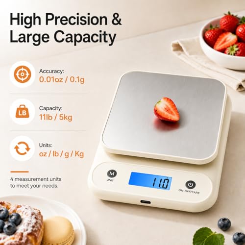 Digital Food Scale for Kitchen 11lb/0.1oz, 5kg/0.1g, Kitchen Scale for Cooking Baking, Built-in 300mAh Li-Battery, Rechargeable Type-C Charging White (1)