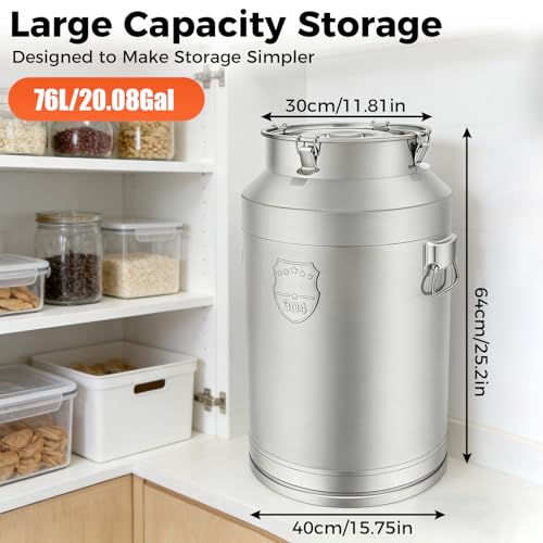 Stainless Steel Milk Can, 76L/20.1Gal Storage Bucket Airtight Canister with Lid, Wine Oil Beverage Storage Container for Kitchen Restaurant Party, W15.8*H25.2in - size: 76L/20.1Gal w/o Faucet