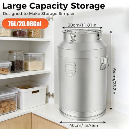 Stainless Steel Milk Can, 76L/20.1Gal Storage Bucket Airtight Canister with Lid, Wine Oil Beverage Storage Container for Kitchen Restaurant Party, W15.8*H25.2in - size: 76L/20.1Gal w/o Faucet