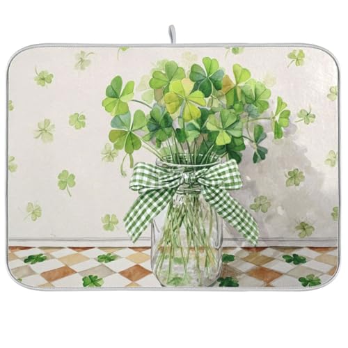 Kcldeci Dish Drying Mat for Kitchen Counter, Clovers in A Mason Jar Absorbent Dish Drainer Dish Drying Pad for Countertops,Sinks,Draining Racks 18x24in - size: 18x24in