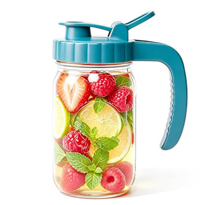 Mason Jar Pitcher With Pour Spout Lid 32 Oz Glass Breastmilk Storage Wide Mouth Airtight & Leakproof Water Jug With Flip Cap For Cold Brew Coffee Iced Tea Sun Tea Lemonade Juice Beverages - color: 32 OZ
