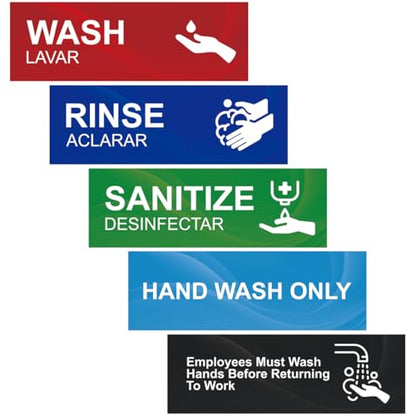 Magicfour Wash Rinse Sanitize Sink Labels, 5 Pack 3 Compartment Sink Signs, Waterproof Sticker for Wash Station, Commercial Kitchens, Restaurant, Food Trucks, Dishwashing - size: 5Pcs Sink Labels 9”x3“