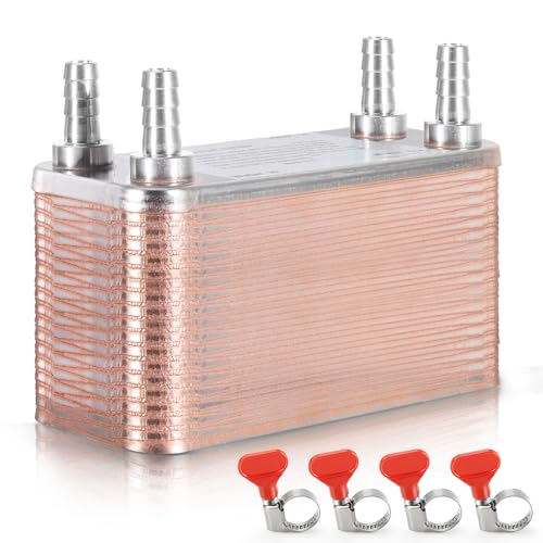MRbrew Wort Chiller 40 Plates, 1/2 Barb Fitting Connection, Brazed Plate Copper Heat Exchanger for Homebrew, Stainless Steel 7.5" x 2.9" Plate, Hot Liquid Accelerated Cooler Quick Beer Cooling System