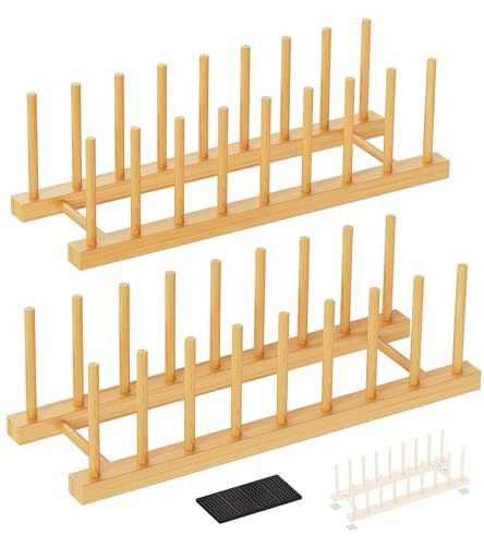Bamboo Dish Drying Rack, 2 Pack Wooden Storage Holder Organizer for Plate/Bowl/Cup/Book/Pot/Lid/Cutting Board Drying Rack Stand Holder