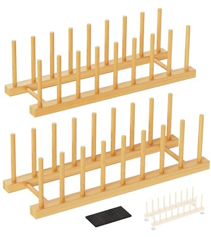 Bamboo Dish Drying Rack, 2 Pack Wooden Storage Holder Organizer for Plate/Bowl/Cup/Book/Pot/Lid/Cutting Board Drying Rack Stand Holder